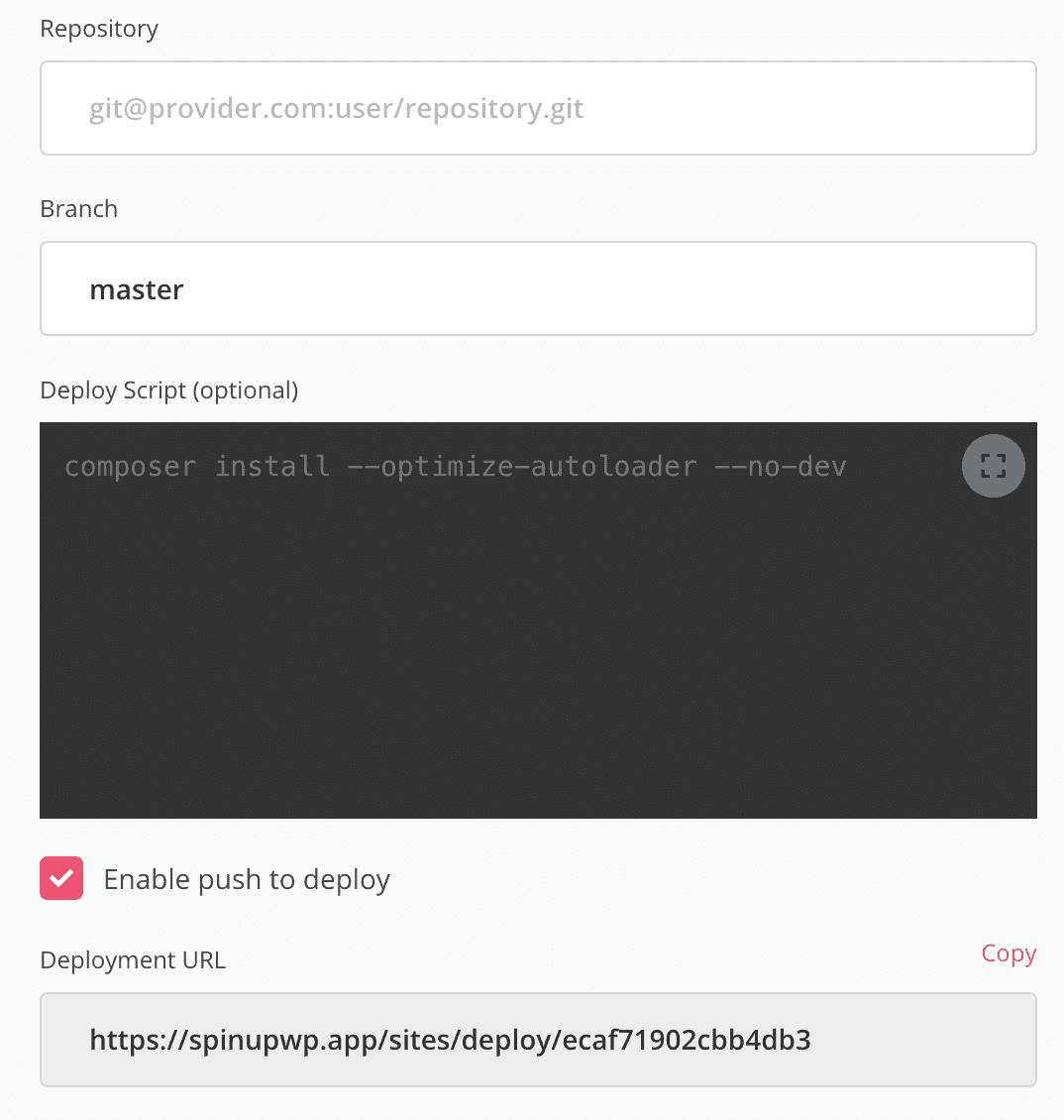 SpinupWP settings for Push to Deploy